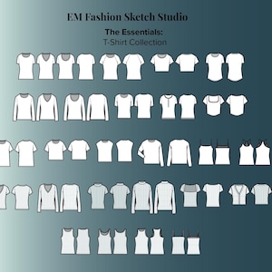May include: A collection of 36 t-shirt sketches in various styles, including short and long sleeves, scoop necks, v-necks, and tank tops. The sketches are all white on a blue background. The text "EM Fashion Sketch Studio" and "The Essentials: T-Shirt Collection" is at the top of the image.