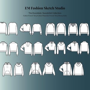 Op de afbeelding: Lijntekeningen van 12 verschillende sweatshirt-ontwerpen. De ontwerpen omvatten ronde hals, V-hals, capuchon en mock neck-stijlen. De tekst "The Essentials: Sweatshirt Collection" en "Cotton French Terry/Cotton Polyester French Terry/Heavy knits" is opgenomen in de afbeelding.