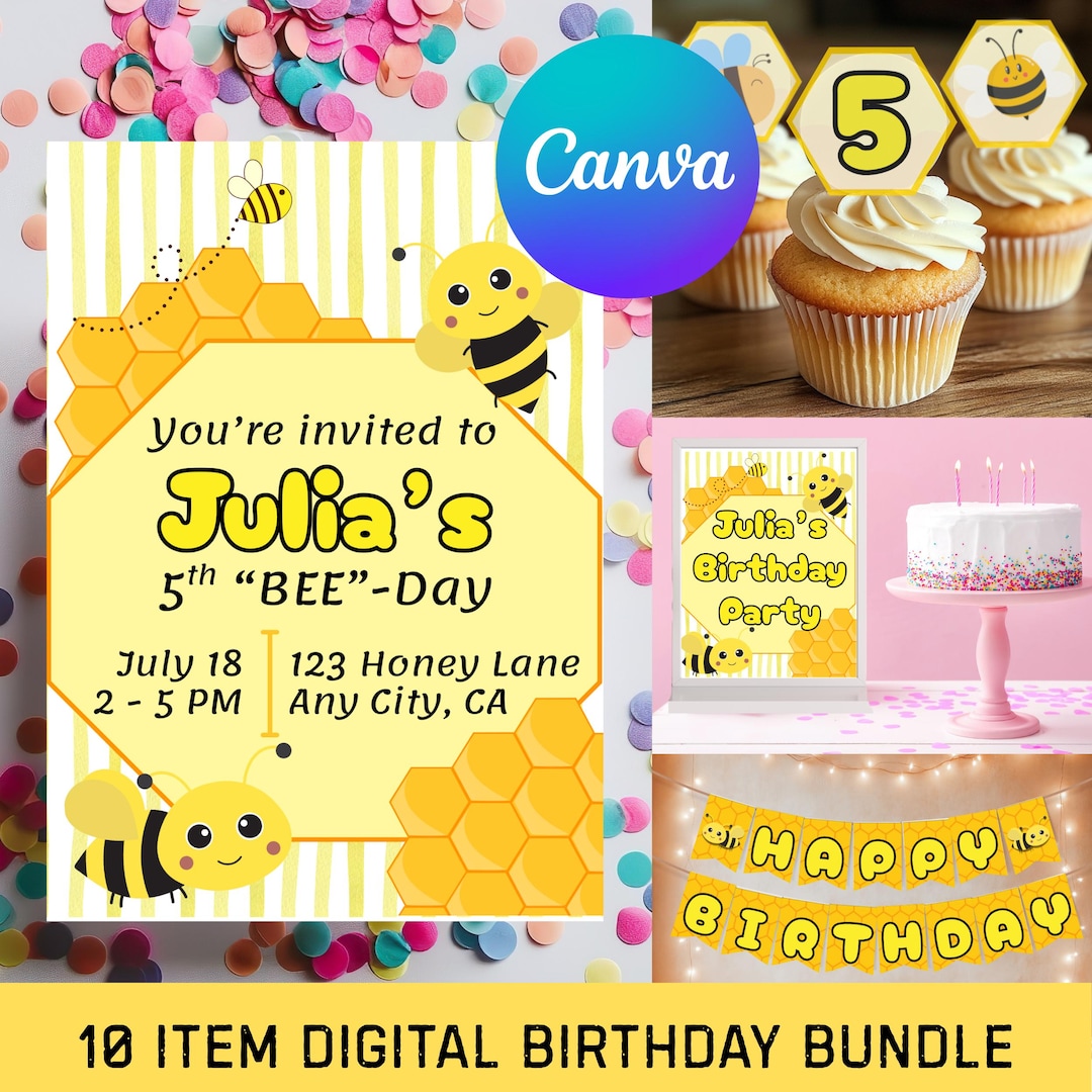 Bumble Bee Birthday Party Bundle: Editable Invitation & Decor (digital ...