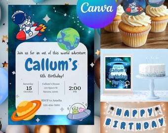 Outerspace Birthday Party Bundle: Invitation, Banner, Toppers (Digital Download)