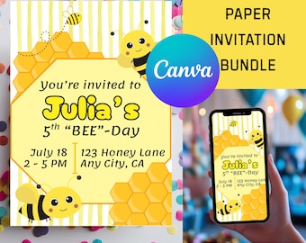 Editable Kids Bee Birthday Invitation | Printable 5x7 & Digital Phone Invite | Canva Template | Instant Download