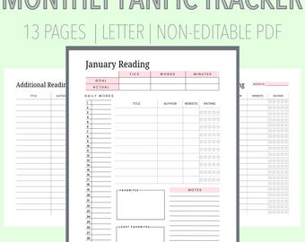 Afdrukbare Fanfic Tracker: maandelijks leesdagboek (bundel van 13 pagina's) (digitale download)