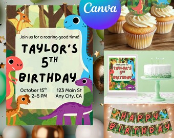 May include: A digital birthday bundle featuring dinosaur-themed decorations. Includes a birthday invitation, cupcake toppers, a banner, and a small cake. The invitation reads "Taylor's 5th Birthday" with event details. The banner says "Happy Birthday".