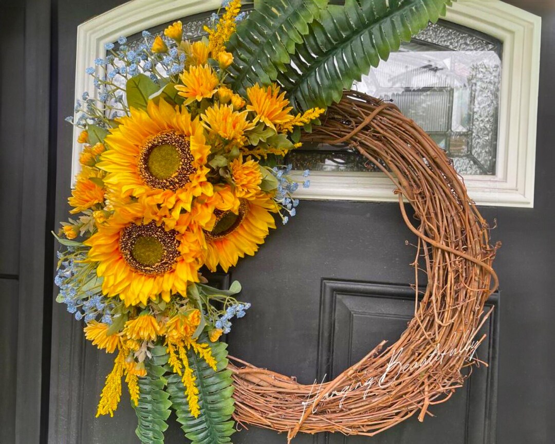 Sunflower Grapevine Wreath, Yellow Sunflowers With Blue Accents, Front ...