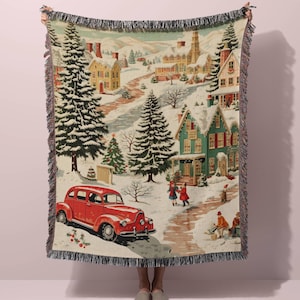 Woven Christmas Blanket, Vintage Holiday Throw Blanket for Christmas, Traditional Christmas Decor, Winter Blankets Family Christmas Blanket