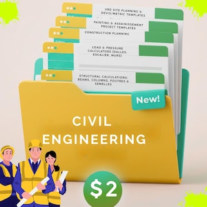 以下が含まれることがあります： 「CIVIL ENGINEERING」と書かれた黄色のフォルダに「New！」のタグが付いています。内部には、「VRD SITE PLANNING」や「STRUCTURAL CALCULATIONS」などのテキストが書かれた緑と白のファイルタブがあります。下部には「$2」の緑色の円があります。建設作業員の服装をした3人の漫画のキャラクターが左側にいます。
