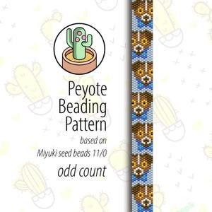 May include: A peyote beading pattern for a dog wearing a blue bow tie. The pattern is based on Miyuki seed beads 11/0 and uses an odd count.