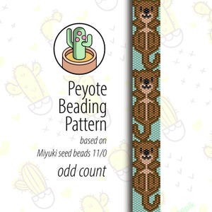 May include: A digital pattern for Peyote beading, featuring a repeating design of brown bears on a light blue background. The pattern is based on Miyuki seed beads 11/0 and uses an odd count. The image also includes a cactus illustration.