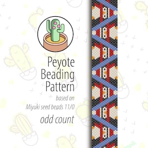 May include: A peyote beading pattern with a geometric design in black, white, red, blue, and orange. The pattern is based on Miyuki seed beads 11/0 and uses an odd count.