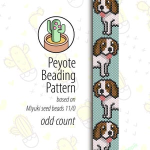 Op de afbeelding: Een digitaal patroon voor Peyote-beading, met een herhalend ontwerp van een hond met bruine en witte markeringen. Het patroon is gebaseerd op Miyuki zaadkralen 11/0 en is een oneven telling. De afbeelding bevat ook een cactusillustratie.