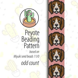 Op de afbeelding: Een peyote-parelpatroon voor een beagle-hond. Het patroon is gebaseerd op Miyuki zaadkraaltjes 11/0 en gebruikt een oneven aantal.