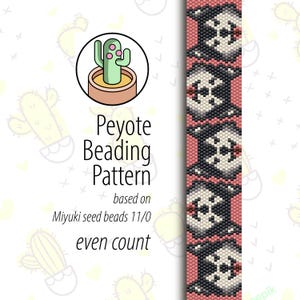 May include: A peyote beading pattern for a bracelet featuring a black and white husky dog design on a pink background. The pattern is based on Miyuki seed beads 11/0 and is an even count.
