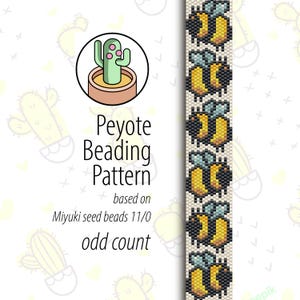 May include: A peyote beading pattern for a bracelet featuring a repeating design of yellow and black bees with blue wings. The pattern is based on Miyuki seed beads 11/0 and uses an odd count.