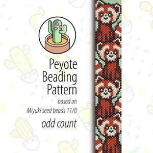 May include: A peyote beading pattern for a red panda bracelet, using Miyuki seed beads size 11/0. The pattern is for an odd count of beads.