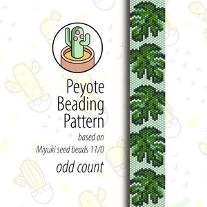 May include: A peyote beading pattern for a green monstera leaf bracelet, based on Miyuki seed beads 11/0, odd count.