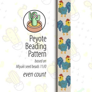 May include: A peyote beading pattern for a rooster, using Miyuki seed beads size 11/0. The pattern is for an even count beading project.