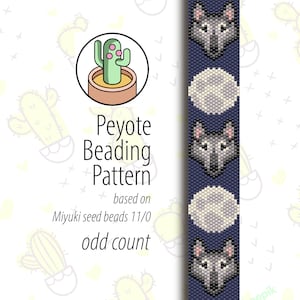 May include: A peyote beading pattern for a wolf design. The pattern is based on Miyuki seed beads 11/0 and uses an odd count. The pattern is shown on a white background with a cactus pattern.