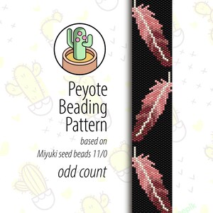 May include: A peyote beading pattern for a pink and white feather on a black background. The pattern is based on Miyuki seed beads 11/0 and uses an odd count.