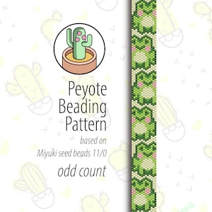 May include: A peyote beading pattern for a cactus design. The pattern is based on Miyuki seed beads 11/0 and uses an odd count.