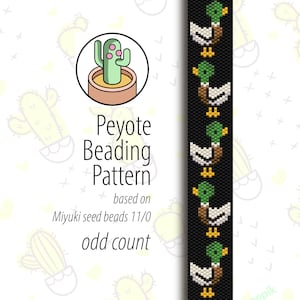 Könnte beinhalten: Ein Peyote-Stich-Perlenmuster für ein Entendesign. Das Muster basiert auf Miyuki-Samenperlen der Größe 11/0 und verwendet eine ungerade Anzahl.