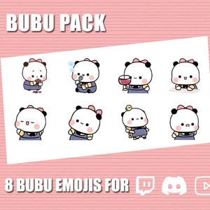 May include: A set of eight panda bear emojis with different expressions, including blowing bubbles, drinking wine, and holding a flower. The emojis are in a cartoon style and have a pink background. The text "BUBU PACK" is at the top of the image and "8 BUBU EMOJIS FOR" is at the bottom of the image.