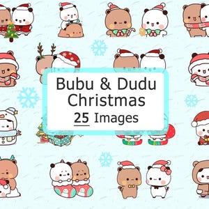 May include: A set of 25 Christmas-themed images featuring Bubu and Dudu characters. The illustrations show the characters in festive attire and poses, set against a light blue backdrop with snowflakes.