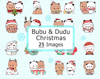 May include: A collection of 25 Christmas-themed images featuring the characters Bubu and Dudu. The illustrations depict the characters in various festive outfits and poses, with snowflakes on a light blue background.