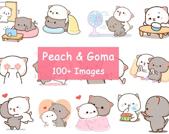 May include: A collection of illustrations featuring two cartoon cats named Peach and Goma. The illustrations depict the cats in various activities, such as watching television, eating, and playing. The text "Peach & Goma 100+ Images" is displayed in a pink banner.