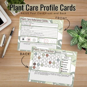 May include: Plant Care Profile Cards, front and back, with a reference guide and a plant care tracker. The cards are A6 size. The reference guide includes sections for plant name, pet-friendly status, foliage color, and ideal temperature. The tracker is for the month of January.