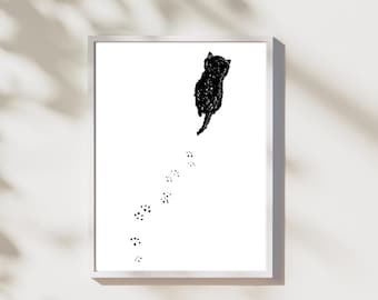 Minimalistisch kattensilhouet met pootafdrukken in sneeuw - Katkatje tekening lijnafdruk - woondecoratie