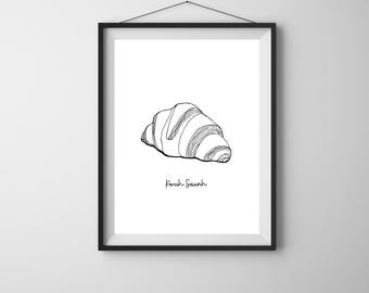 Utskriftbar väggkonst med croissantuttal, minimalistisk köksdekor, fransk väggkonst för heminredning, neutral köksfrukostposter