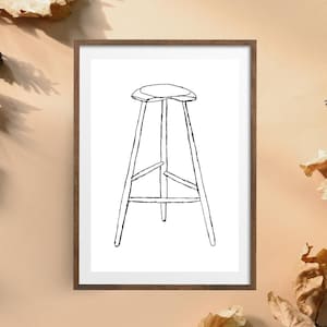 May include: A black and white line drawing of a stool with a simple design. The stool has a round seat and four legs.