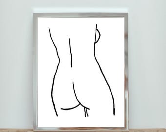 Minimalistisk kurvig kvinnlig nakenteckning - Elegans i linje Väggkonsttryck Digital nedladdning kroppspositiv