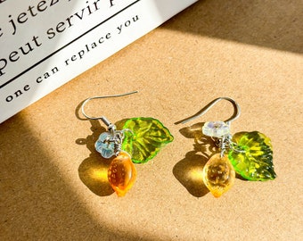 Handmade Lemon earrings, Cute Flower Jewelry, Gold Dangle Drop Earrings, Food earrings, Light Fruit earrings, Birthday Christmas Gift