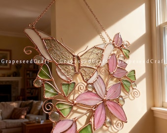 Glass Sun Catcher,Butterfly Cat Sun Catcher,Stained Glass Sun Catcher,Gift for Garden Lovers,Glass Ornament,Cat Home Decor,Housewarming Gift