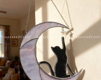 Glass Sun Catcher,Butterfly Cat Sun Catcher,Stained Glass Sun Catcher,Gift for Garden Lovers,Glass Ornament,Cat Home Decor,Housewarming Gift