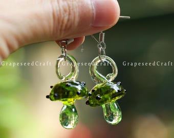 Handmade Mushroom Glass Earrings,Cute Mushroom Jewelry, Gold Dangle Drop Earrings,Food earrings,Light Fruit earrings,Birthday Christmas Gift