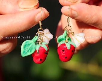 Strawberry Glass Earrings,Handmade Cute Strawberry Jewelry,Dangle Drop Earrings,Food earrings,Light Fruit earrings,Birthday Christmas Gift