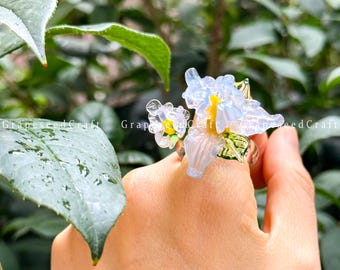 Glass Iris flower ring, Handmade glass Iris ring, Glass daisy ring, Lampwork ring,statement ring, Bridesmaid ring, Birth Month flower Gift