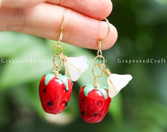 Handmade Strawberry Glass Earrings,Cute Strawberry Jewelry,Dangle Drop Earrings,Food earrings,Light Fruit earrings,Birthday Christmas Gift