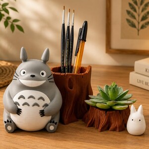 Totoro Plant Pot & Pen Holder Set | Succulent Planter | Cute Geek Desk Decor | Eco-Friendly Vase for Home or Office