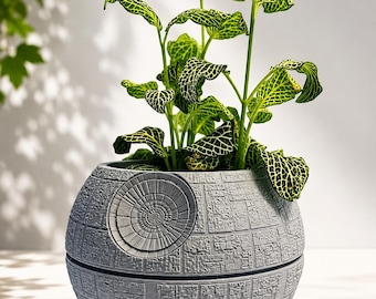May include: A spherical gray planter with a textured surface resembling a space station, featuring a prominent circular dish detail on the side. A green plant with yellow-veined leaves grows out of the top of the round, detailed container.