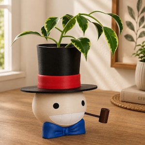 May include: A planter shaped like a round character head wearing a black top hat with a red band, a blue bow tie, and a brown pipe protruding from the mouth. The top hat serves as the container for a green and cream variegated plant with pointed leaves.