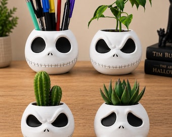 Jack Skellington Planter Pot | 3D Printed Flower Pot & Pen Holder | Multiple Sizes and Expressions | Gothic Desk Decor Gift for Fans