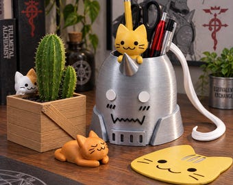 Ensemble porte-stylo et pot de fleurs Fullmetal Alchemist Alphonse | Décoration de bureau chat | Cadeau anime | Décoration FMA imprimée en 3D
