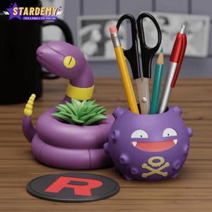 Maceta Koffing & Ekans / Portalápices Pokémon / Set de regalo del Equipo Rocket con posavasos / Maceta para suculentas impresa en 3D / Decoración de escritorio geek