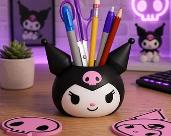 Kuromi Inspired Pen Holder Planter - Kawaii Desk Organizer Pot, Cute Succulent Plant Pot, Optional Coasters