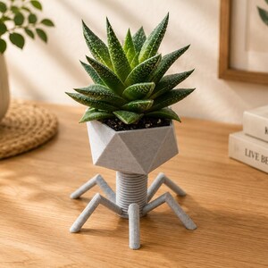 May include: A green succulent plant with pointed, speckled leaves potted in a light gray, geometric, faceted planter. The planter is supported by a central cylindrical base with four thin, angled legs extending outward from the bottom.