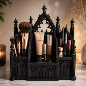 Puede incluir: Un organizador de maquillaje negro con forma de catedral gótica con arcos apuntados y agujas. Contiene varios pinceles de maquillaje con cerdas marrones, un tubo de Laura Mercier, un compacto de Chanel y varios labiales y lápices delineadores.