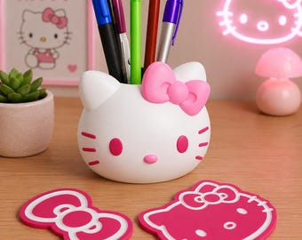 Hello Kitty Inspired Pen Holder Planter – Cute Kawaii Desk Organizer, Mini Succulent Pot with Optional Coasters